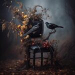Gothic chair with branches, wildflowers. A crow. A garden. In the style of Marti...