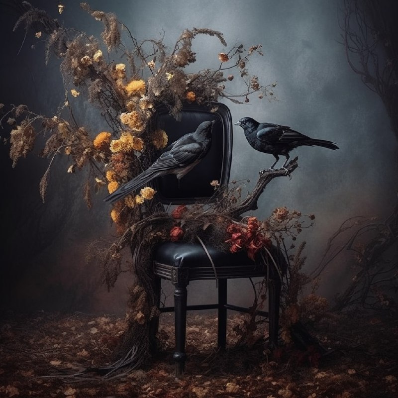 GNgDyk5bEleeDt32I4N_OhVkEBDt2VIV8jOw_Xl4L0POlka4vDuzjtRzTAHz_VnKAmWQvgWjAFnB7kRD1FyOiKplKEO5QsSCFVxt.jpeg Gothic chair with branches, wildflowers. A crow. A garden. In the style of Marti...