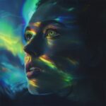Photo-realistic portrayal of a woman's face blending into the aurora borealis, t...