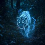 Along the moonlit paths of a haunted forest, a spectral ghost tiger with glowing...