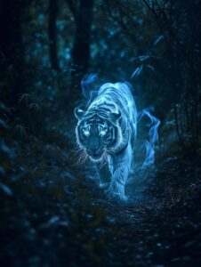 Along the moonlit paths of a haunted forest, a spectral ghost tiger with glowing...
