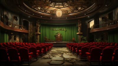General36. "A vintage theater showcasing documentaries, real - life stories unfo...