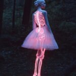 full body shot of an albino woman with transparent skin, glowing pink neon skele...