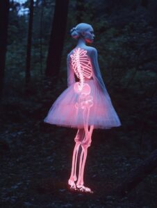 full body shot of an albino woman with transparent skin, glowing pink neon skele...