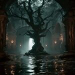 mysterious ancient tree in the middle of the monumental shamanic temple, flooded...