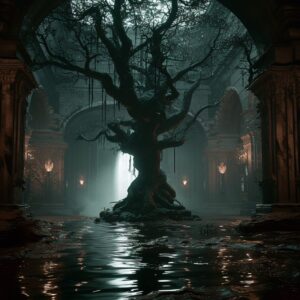 mysterious ancient tree in the middle of the monumental shamanic temple, flooded...