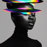 The image is a monochrome portrait of an individual with a tiki mask for a head,...