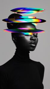 The image is a monochrome portrait of an individual with a tiki mask for a head,...