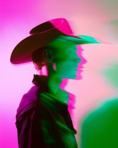 Editorial fashion photography, profile of a Man with cowboy hat, vivid motion bl...