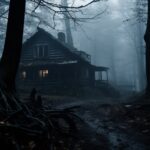 In the heart of the misty dark blue forest's domain, stands a house, with an eer...