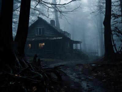 In the heart of the misty dark blue forest's domain, stands a house, with an eer...