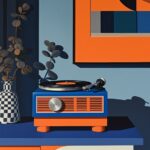 blue and orange vintage radio and turntable at a table, in the style of large-sc...