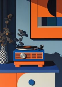 blue and orange vintage radio and turntable at a table, in the style of large-sc...