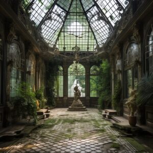 entrance hall of an old abandoned manor with glass roof --v 5.2by madbonsai#arch...