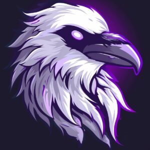 create a logo with a white Raven with purple eyes and purple streaks in its feat...