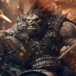 Generate an image of an ork playing a drumset. The ork should have a clear outli...