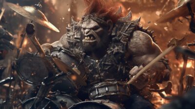 Generate an image of an ork playing a drumset. The ork should have a clear outli...