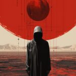 A dark red postapocalyptic alien face stands in the desert, in the style of mini...
