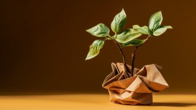 a plant growing out of a piece of paper, in the style of handcrafted objects, cr...