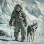 A macaque wearing a down jacket, cotton trousers and snow boots at his feet is s...