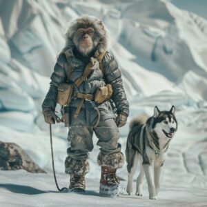 A macaque wearing a down jacket, cotton trousers and snow boots at his feet is s...
