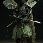 the stoic warrior wearing translucent insectoid armour plates, samurai style bug...