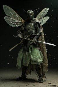 the stoic warrior wearing translucent insectoid armour plates, samurai style bug...