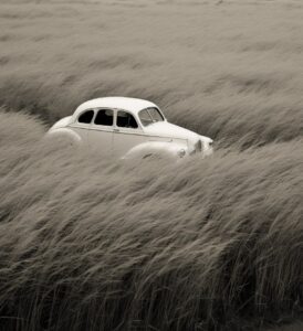 a white car on grass in black and white, in the style of the new fauves, perform...