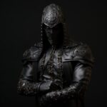 a male model human black lacquer face covered in black leather with black stitch...