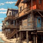 Painting of old wooden houses and beach, in the style of stylistic influence by ...