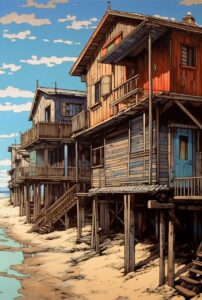 Painting of old wooden houses and beach, in the style of stylistic influence by ...