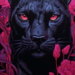 Lino cut black panther with hot pink flowers and violet leaves, camouflaged, sur...
