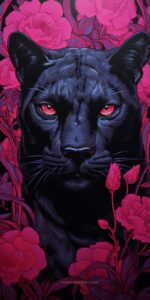 Lino cut black panther with hot pink flowers and violet leaves, camouflaged, sur...