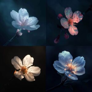 single cherry blossom flower glowing in a darkbackground with vivid light surrou...