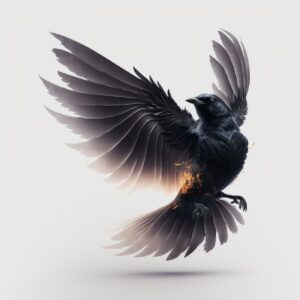 Midjourney 4Back view of black dark bird fly away, on white background, symmetri...