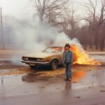 Photo by Alec Soth. Burning car. Kid is standing next to it. 1980s --q 2 --s 750...
