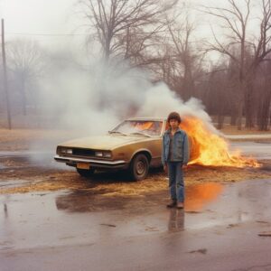Photo by Alec Soth. Burning car. Kid is standing next to it. 1980s --q 2 --s 750...
