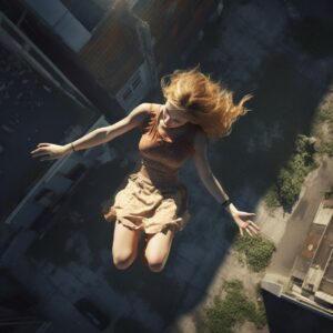 Falling from the sky, from above, hyper realistic photography, depth of fieldby ...