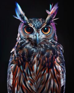 Photography, photo, cinematic, funny alien owl, glossy plumage, intricate feathe...