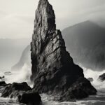 Envision a close - up shot of the huge stone in the ocean. The image is black an...