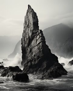 Envision a close - up shot of the huge stone in the ocean. The image is black an...