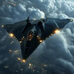 photo of a futuristic military aircraft in the air, black and covered with small...