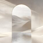 Minimalist composition of an arch-shaped mirror reflecting the horizon, set agai...