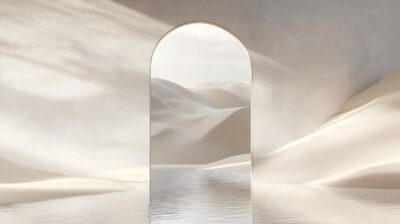 Minimalist composition of an arch-shaped mirror reflecting the horizon, set agai...