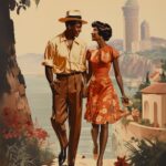 Vintage poster in the style of roger broders featuring an African American coupl...
