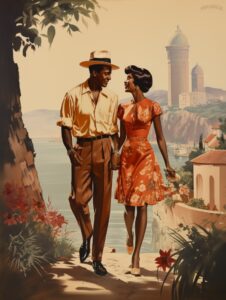 Vintage poster in the style of roger broders featuring an African American coupl...