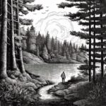 Pen and ink drawing of man hiking by a lake, in the style of comic book noir, ha...