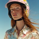 A photograph of a female esports player wearing a pastel pink and yellow pattern...