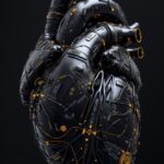 black anatomical heart, geometrical, digital details. Yellow accents, cyborg, hi...