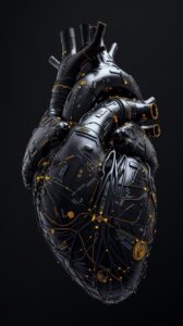 black anatomical heart, geometrical, digital details. Yellow accents, cyborg, hi...